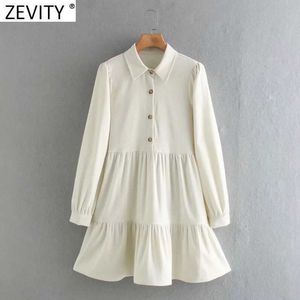 Zevity Frauen Vintage Drehen Unten Kragen Cord Mini Kleid Weibliche Falten Puff Sleeve Casual A Linie Vestido Hemd Kleider DS4986 210603