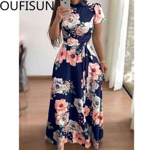 Kvinnor Sommar Casual Kortärmad Lång Klänning Boho Floral Print Slim Party Dress Turtleneck Sashes Klänningar Vestidos Plus Storlek 5XL X0521