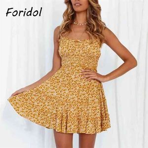 Foridol Çiçek Baskı Seksi Backless Criss-Çapraz Kayma Elbise Kadın Fırfır Yaz Boho Sarı Kısa Elbise Sundress Kolsuz Elbise 210415