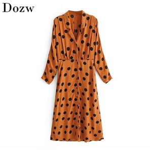 Polka Dot Midi Dress Kvinnor Batwing Lång Sleeveturn Down Collar Retro Broderi Shirt Sexig Split Party Es Vestidos 210515