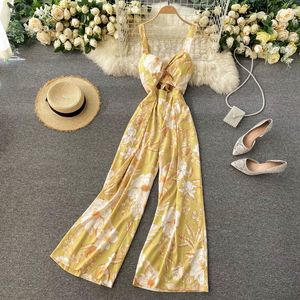 SINGREINY Design Hohl Blumen Strap Overalls Frauen Ärmellose Backless Strampler Sommer Koreanische Casual Breite Beine Strand Strampler 210419