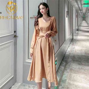 Mulheres Vestido Francês Outono Retro Manga Longa Lace Up A-Linha Elegante Moda Simples Sólido Médio Comprimento Vestido 210506