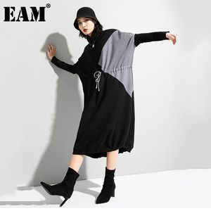 [EAM] Women Spliced Drawstring Knitting Big Size Dress Turtleneck Long Sleeve Loose Fit Fashion Autumn Winter 1DD1333 21512