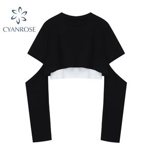 Kvinnor Casual Street Crop Tops Tee White Camisole + Black O Neck Pullover Långärmad Split T Shirt Outfits Kvinna Spring Sets 210417