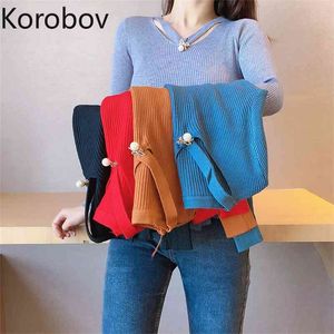 Korobov Vintage Kobiety Swetry Swetry Koreański Elegancki Sueter Mujer Nowy Chic Długi Rękaw V Neck Jumper Femme 210430