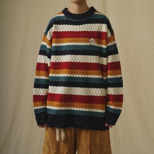 Japanese Vintage Knit Men Daisy Rainbow Striped Fashion Pullovers Women Languid Lazy Wind Loose Full O-Neck High Quality Sweater Men's Sweat