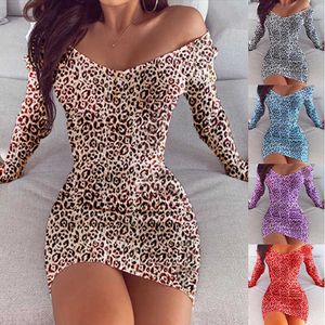 Kvinnor höst sexig v nacke mini klänning avslappnad långärmad leopard print dam penna mode kvinnlig bodycon party club es 210526