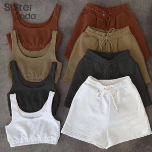 Casual Soft Cotton Sportswear 2piece Set Kvinnor Sommar Simple Stretch Slim Crop Top Drawstring Shorts Matchande Athleisure Outfits x0428