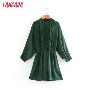 Mulheres Vintage Pontos Padrão Playsuits Ruffles Elásticos Cintura Longa Manga Macacão Senhoras Casuais Chic Jumpsuits 2W35 210416