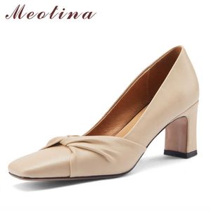 Meotina натуральная натуральная кожа высокие каблуки женские коренастые каблуки туфли квадратных пальцев насосы плиссированные дамы обувь пружина бежевый размер 43 210608