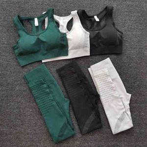 2PCS Sports Suits Women Seamless Yoga Sets Fitness Gym clothing Pants High Waist Straps Sport Leggings Elasticity Bra 210802