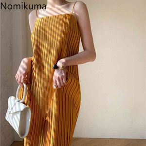 Nomikuma Summer Spaghetti Strap Dress Korean Strapless Sling Dresses Causal Korean Folds Fashion Solid Vestidos Femme 6H125 210427