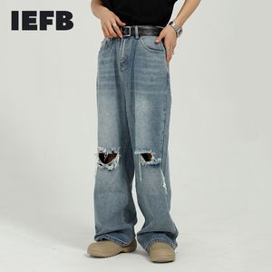 IEFB Летняя хип Хоуп Синие джинсы Корейский тенденция Свободная личность дыра повседневная широкая нога джинсы мужчины джинсовые брюки 9y7355 210524