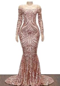 Pink Spittly Mermaid Prom Evening Dress Long Sleeve Off Shoulder Party Gown Sexig African Black Girl Pageant Dresses BC1602