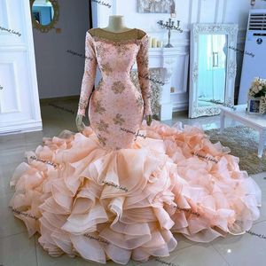 Blush Champagne african Wedding Dresses with Ruffles Train Beaded Mermaid Bridal Gowns Long Sleeves Arabic Islamic Abaya robe de mariage