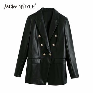 TWOTWINSTYLE Casual PU Leather Blazer For Women V Neck Long Sleeve Double Breasted Solid Jackets Female Fashion Autumn 210517