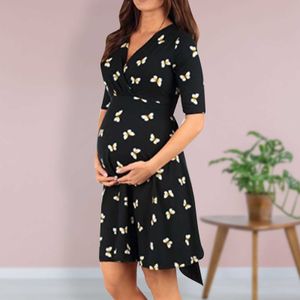 Graviditetsklänning Mode Gravid Kvinnor Kläder Bundet Bandbredd Lös Kjol Blomma Utskrift Maternity Dress Ladies Casual Dresses Q0713