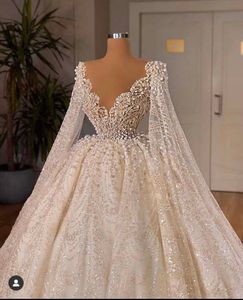 Luxury Ball Gown Pearls Wedding Dresses Lace Appliqued Beaded Sheer V Neck Dubai Arabia Bridal Gowns Vestidos De Novias