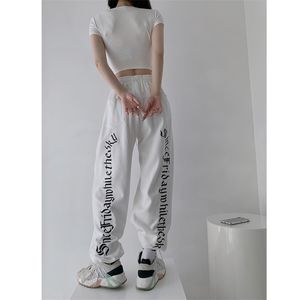 HOUZHOU Pantaloni sportivi grigi bianchi Pantaloni sportivi da donna Pantaloni da jogging Pantaloni a vita alta Lettera Streetwear Sport Jogging Stile coreano 210925