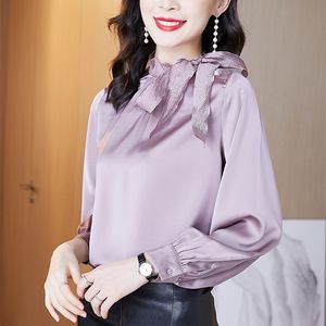 Mulheres de seda coreana camisa cetim blusas camisas de manga comprida tops mulher gravata borboleta superior plus tamanho 210427