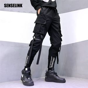 Męskie spodnie Cargo Hip Hop Multi Pocket Jogger Black Streetwear Wstążki Spodnie dresowe Harem Casual