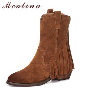 Meotina Cow Suede Tacco alto Stivali a metà polpaccio Scarpe da donna Frange Vera pelle Tacco grosso Zip Stivali da donna Autunno Inverno Marrone 42 210520