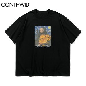 Tees Gömlek Komik Van Gogh Mona Lisa Ayçiçeği Boyama Baskı Tişörtleri Streetwear Hip Hop Harajuku Kısa Kollu 210602 Tops