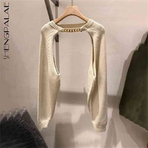 Autumn Women's Streetwear Metal Chain Slim Round Neck Solid Color Long Sleeve Knitting Shawl Tops Trendy 5A934 210427