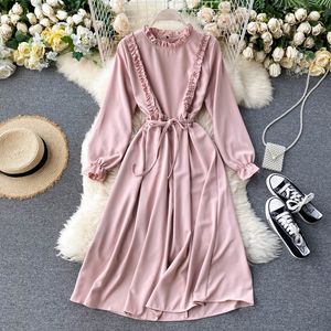 Frauen Französisch Süßes Kleid Herbst Chic Stehkragen Langarm Einfache Feste Kleid Casual Romantische Urlaub Vestidos 210419