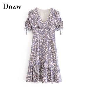 Elegant Floral Print Dress Woman Short Sleeve V Neck Casual es Lady Bow Tie Pleated Beach Mini Vestidos Mujer 210515