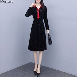 Autunno Inverno Abito elegante Donna Taglie forti Diamanti a maniche lunghe Girocollo Lunghezza al ginocchio es Office Lady Tunica aderente 210513