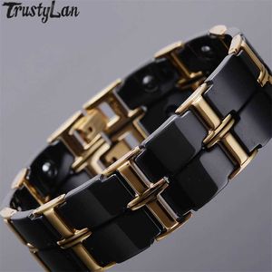 Gold Farbe Poliert Edelstahl Frauen Armbänder Für Männer Luxus Keramik Gesundheits Energie Magnetische Mann Armband Männlich Weiblich 211124