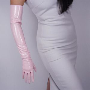 Vijf vingers handschoenen cm octrooi lederen lange emulatie PU heldere spiegel licht roze kersen dames