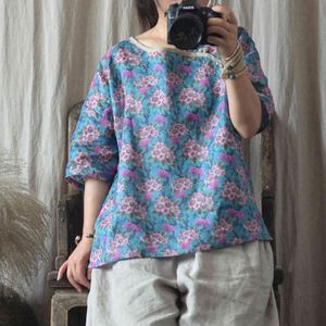 Johnature Women Ramie Summer Vintage T-Shirts O-Neck Seven Sleeve Summer Print Floral Loose Chinese Style T-Shirts 210521