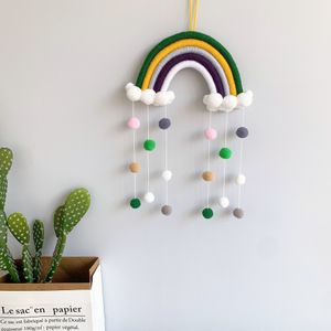 INS STYLE ROOM DECORATION Handgjorda vävda bomullsren Rainbow Hanging-Decor Wall Hängande inredning med filtbollfoton