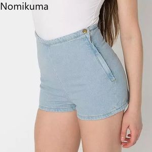 Nomikuma Hög midja Kort Denim Byxor Kvinnor Solid Färg Stretch Jeans Slim Fit Side Zipper Shorts Streetwear Pantalones 210514