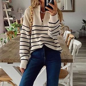 Outono Mulheres Mulheres Casual Manga Longa Listrado Patchwork Jumpers Senhoras Solta Suéteres De Malha Moda Zip V-Pescoço Tops Pullover 211007