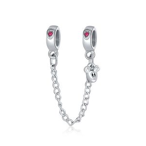 Silver Sparkling Cherry Red Clear Sparkle Safety Chain Charm Bead Fit Original Pandora Bracelet Pendant DIY Jewelry For Women