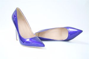 Ботинки На Кабмину оптовых-Глубокие голубые патентные кожаные насосы остроконечные носки скользкие на каблуки на каблуки дамы свадебное платье обувь металлическая каблука шпилька Shoos для женщин
