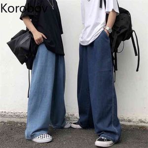 Korobov kvinnor jeans nya mode höga midja bredben byxor preppy stil streetwear denim jeans koreanska byxor 210430