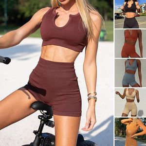 Seamless Women Yoga 2 Piece Set Fiess Sports Suits Gym Shorts And Bra High Waist Leggings Running Workout Tight Pants Outfit