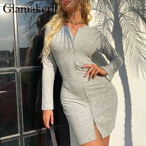 Glamaker Doppelreißverschluss, figurbetontes rosa dünnes Kleid Frauen Langarm Weiß Herbst Elegante Vestidos Winter Party Club Basic Minikleid 210412