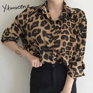 Camicetta leopardata Yitimuceng Donna Button Up Vintage Casual Camicie oversize Manica lunga Primavera Estate Moda coreana Top 210601