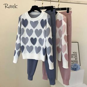2 Piece Set Women Knit Outfits Heart Beading Round Neck Sweater Long Sleeve Pants Set Female Casual Elastic Harem Pants Top Sets Y0625