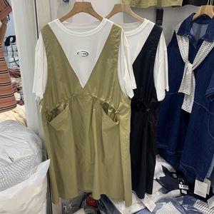 Gespleißter Shirring Fake Zwei Kleid Sommerversion Show Süßes salziges Temperament Schwarz Mode Frauen Urlaub 16W975 210510