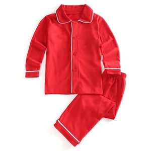 Cotton fall winter red girls pajamas solid color Christmas pjs two pieces sets long sleeve kids boys pyjamas 211130