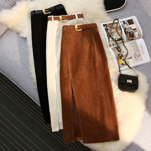 Vintage Women's Skirt With Side Slit Midi s A-line Hight Waist Sashes Elegant Korean Fashion Corduroy Black W220314