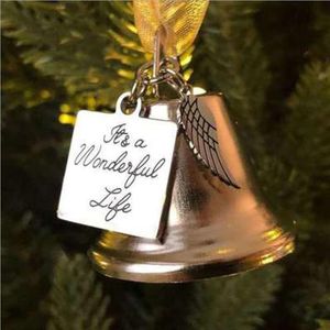 Christmas Decorations Alphabet Metal Tag Bells Stainless Steel Angel Wings Ribbon Tree Ornaments