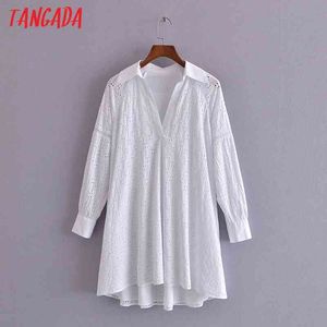 女性の綿の白い刺繍ロマンチックなシャツのドレス長袖ルース女性ミニドレスvestidos 3h296 210416