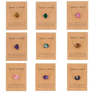 5 Colors Fan Shape Natural Stone Pendant Necklace Quartz Druzy Resin Beads Gold Link Chain Necklace with Card Jewelry Gift G1206